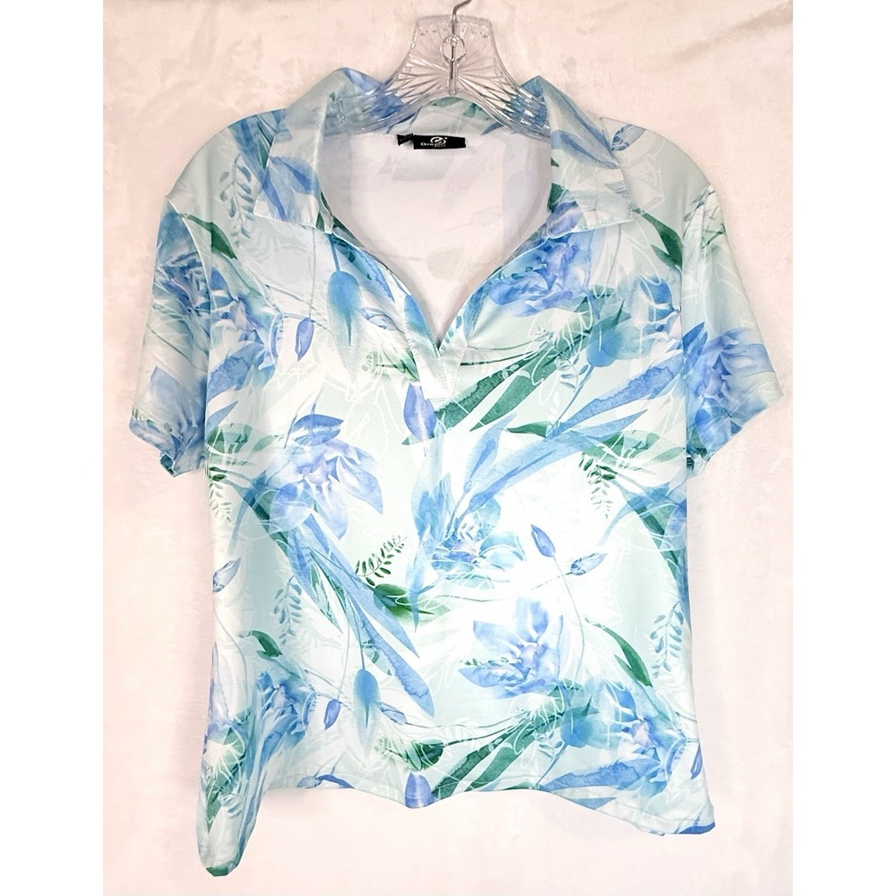 GreenSide Golf Floral Polo Shirt L Blue Tropical Lightweight Active Top Sport